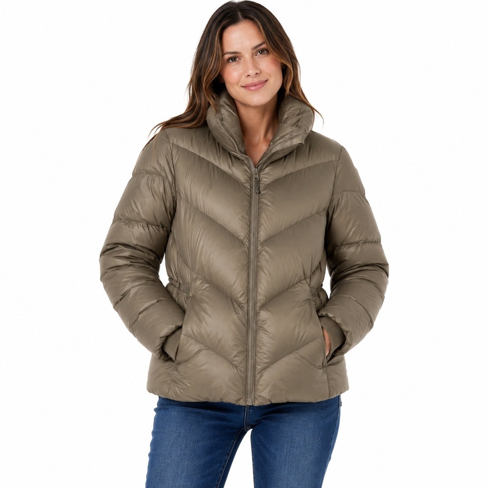 Athleta Puffer Jacket Women XS Taupe Down Fill Chevron Quilted 486242-02